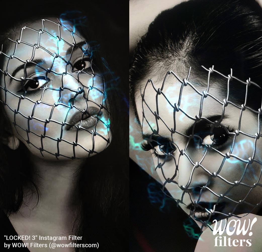 Two women with electric fence camera effect on their face