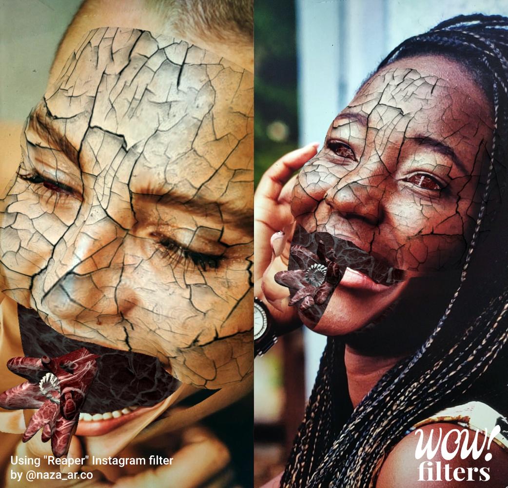 Woman with Reaper creepy Instagram face mask